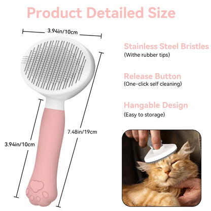 Cat & Dog Grooming Brush – Self-Cleaning Slicker Brush for Shedding, Removes Loose Fur & Tangles, Gentle & Skin-Friendly, Perfect for All Coat Types – Pink