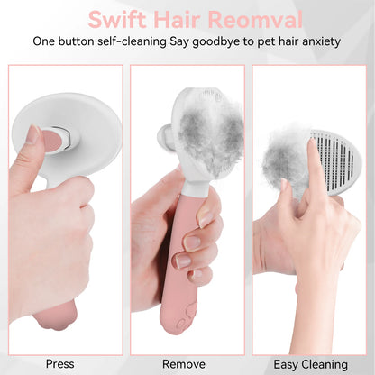 Cat & Dog Grooming Brush – Self-Cleaning Slicker Brush for Shedding, Removes Loose Fur & Tangles, Gentle & Skin-Friendly, Perfect for All Coat Types – Pink